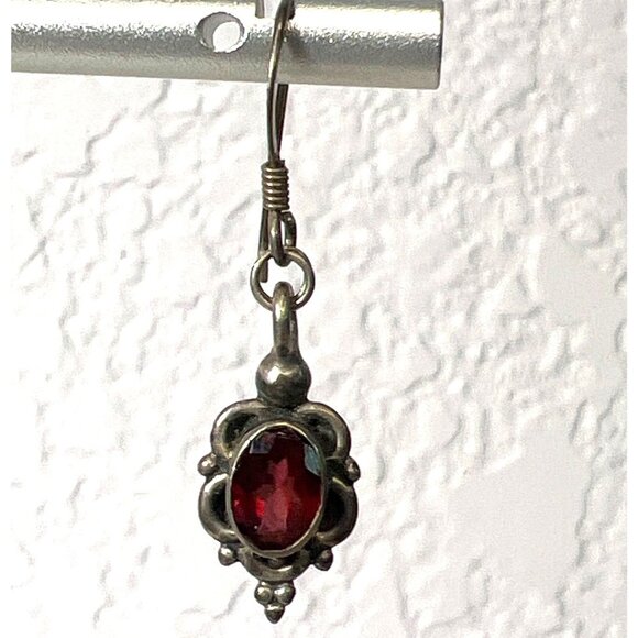 Vtg Sterling Silver 925 Garnet Dangle Earrings Faceted Red Gemstones Tested Boho - Picture 3 of 12